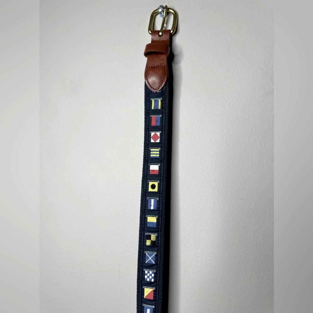 Navy Nautical Signal Flag Webbing Belt with Brown Leather Trim